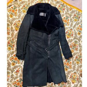 Barbara Bui STUNNING Genuine Shearling Lined Suede Trench Coat Black Belted - 44